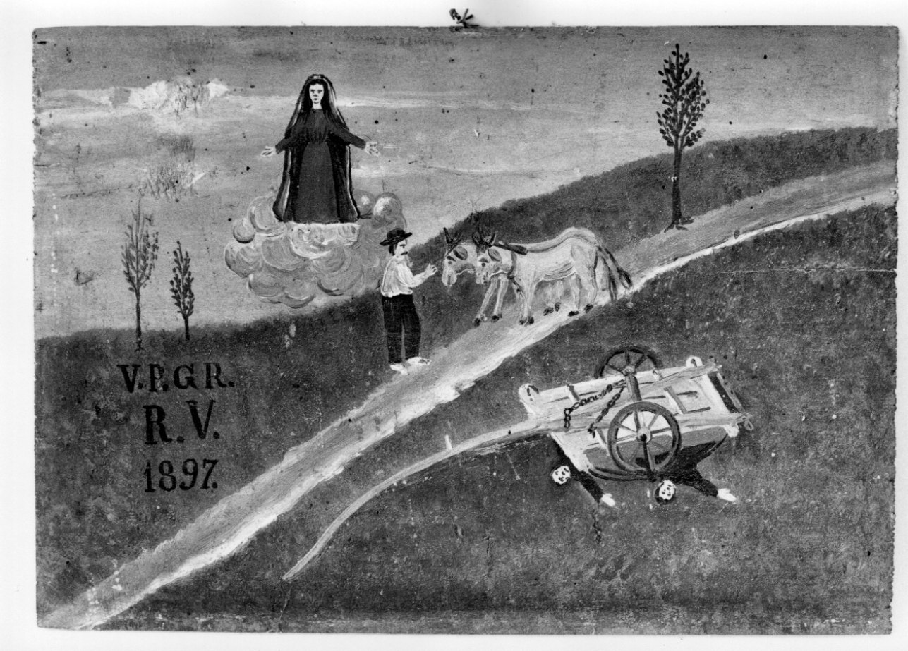 Madonna della Misericordia intercede per incidente con un carro (ex voto, opera isolata) - ambito astigiano (fine sec. XIX)