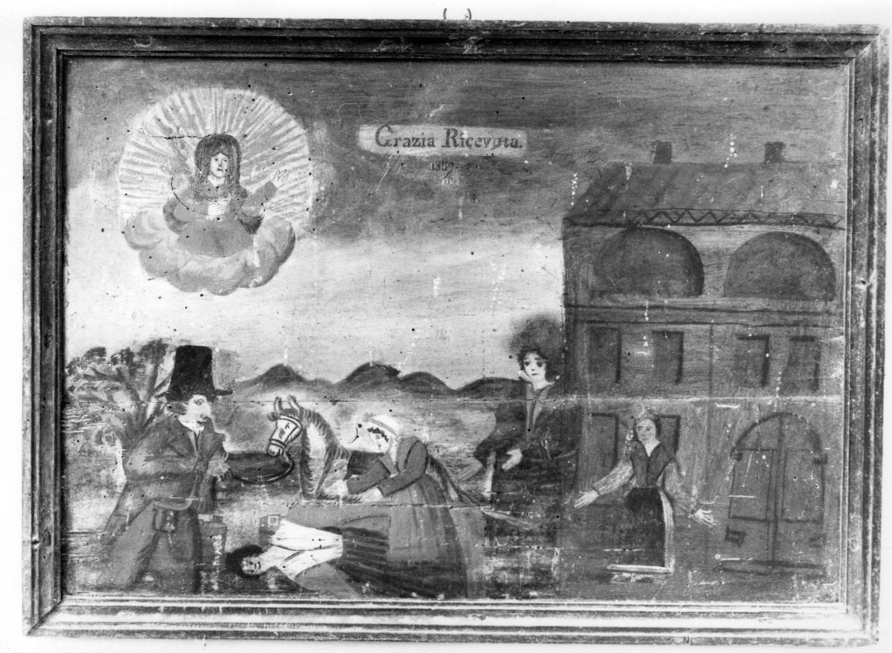 Madonna della Misericordia intercede per infortunio (ex voto, opera isolata) - ambito astigiano (seconda metà sec. XIX)