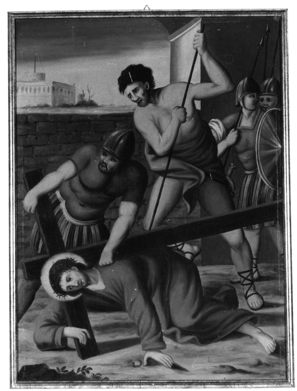 stazione III: Gesù cade sotto la croce la prima volta (dipinto) di Ramello Michelangelo (secondo quarto sec. XIX)