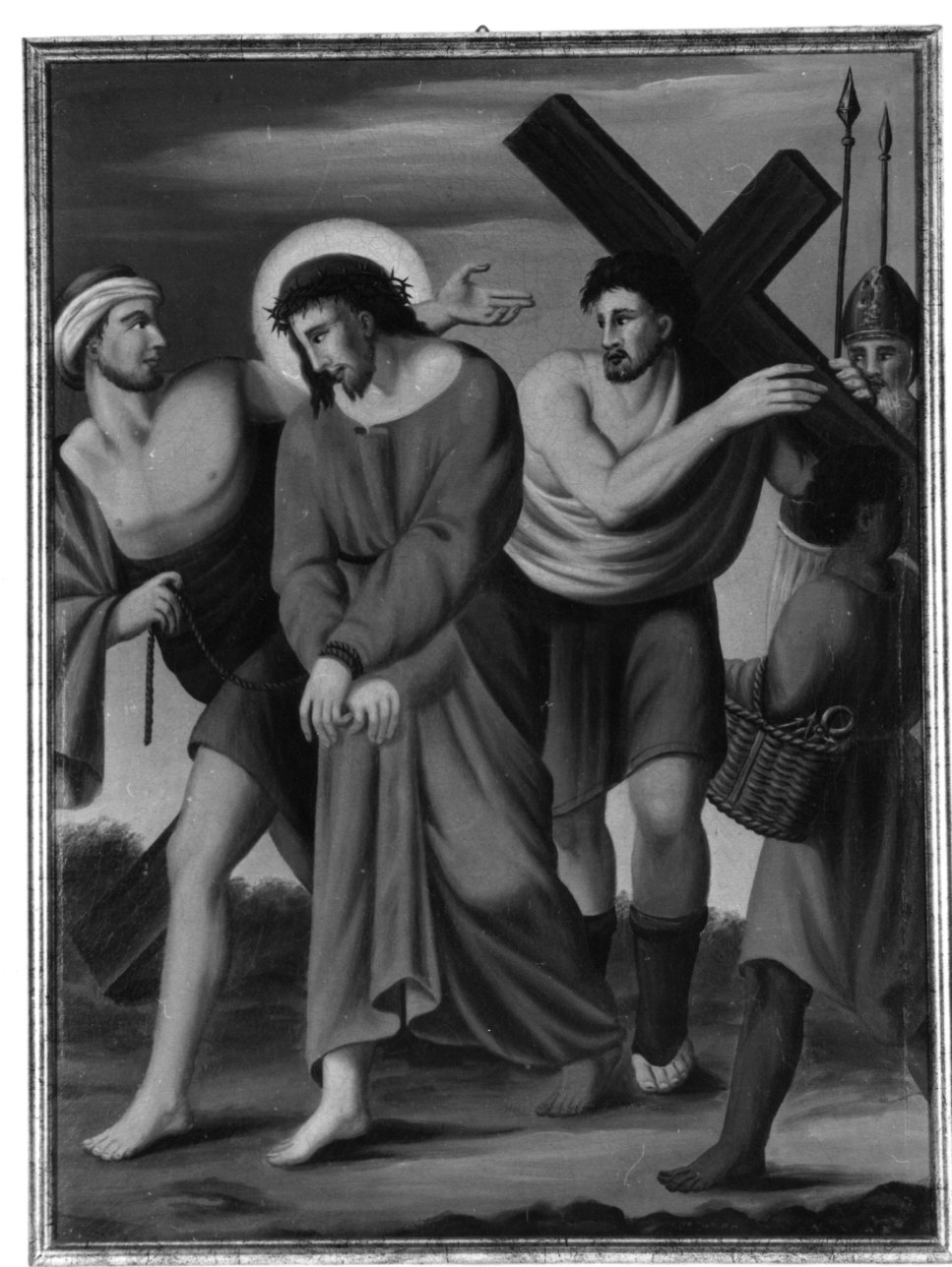 stazione V: Gesù aiutato da Simone il Cireneo a portare la croce (dipinto) di Ramello Michelangelo (secondo quarto sec. XIX)