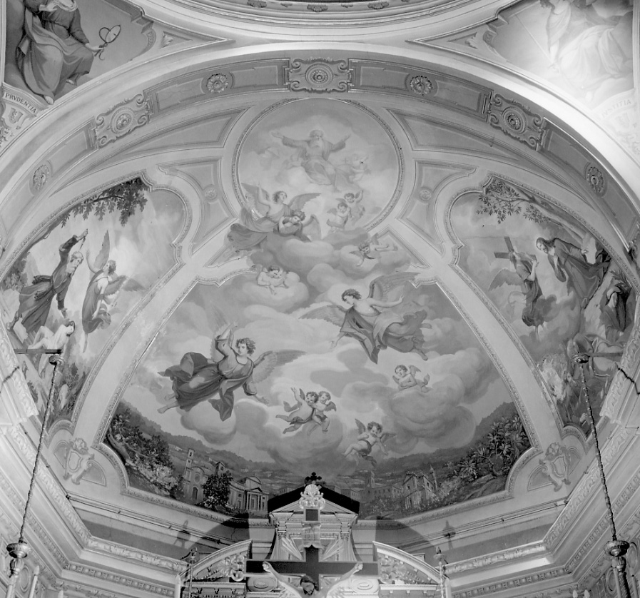 veduta delle chiese di Nizza Monferrato con angeli (dipinto, elemento d'insieme) di Ivaldi Pietro Maria detto Muto (metà sec. XIX)
