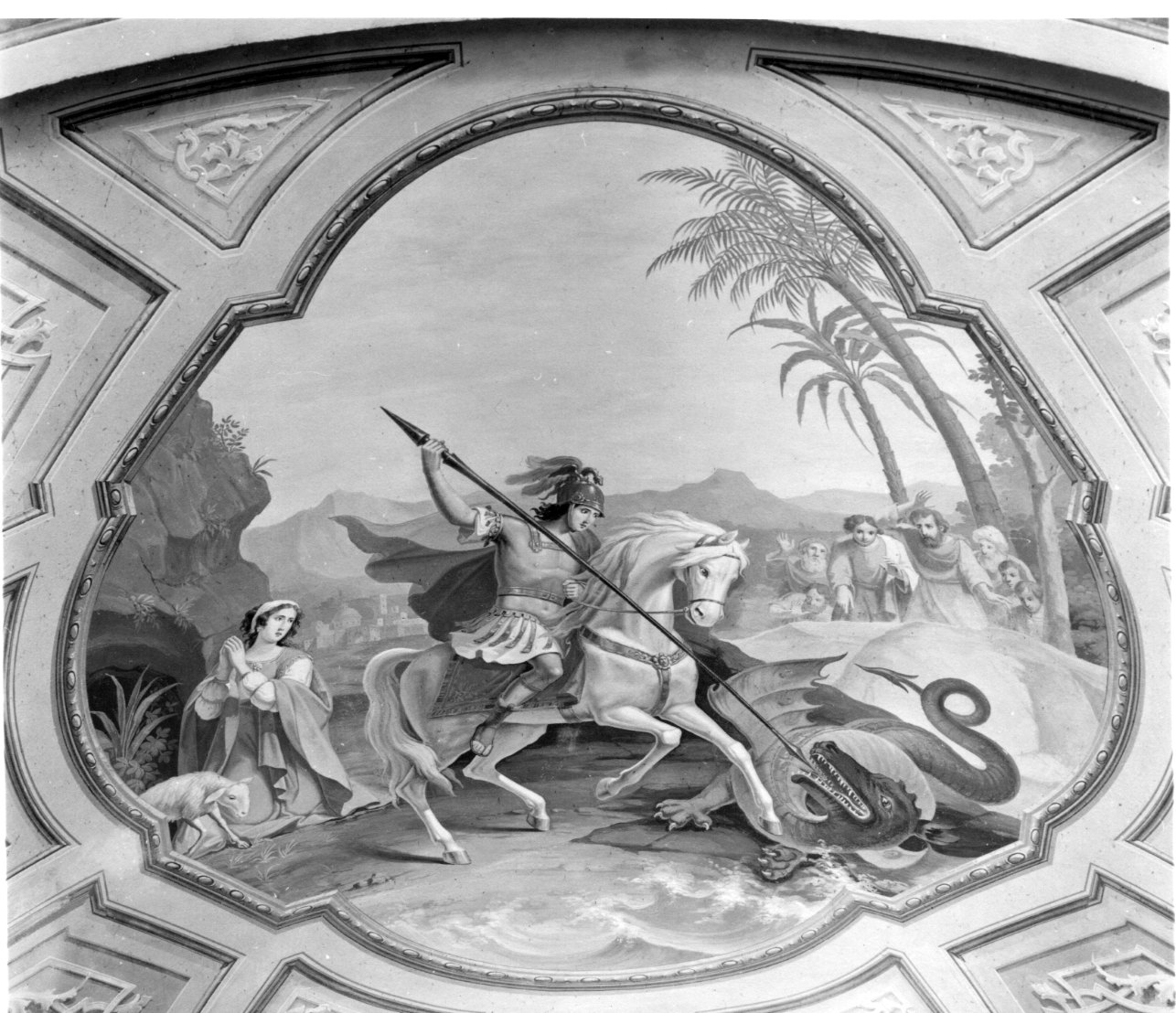 San Giorgio uccide il drago (dipinto, elemento d'insieme) di Ivaldi Pietro Maria detto Muto, Ferrario Giuseppe, Ivaldi Tommaso (terzo quarto sec. XIX)