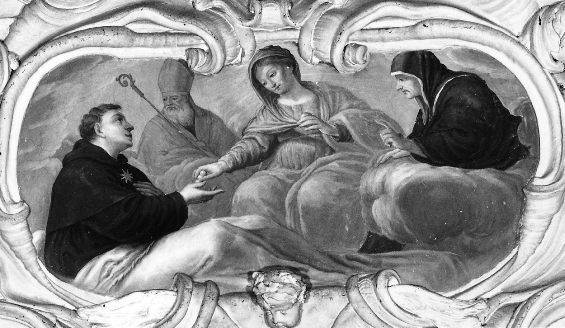 Madonna del Rosario con San Domenico e Santa Caterina da Siena, Santo vescovo (dipinto, opera isolata) di Aliberti Giovanni Carlo (fine/inizio secc. XVII/ XVIII)