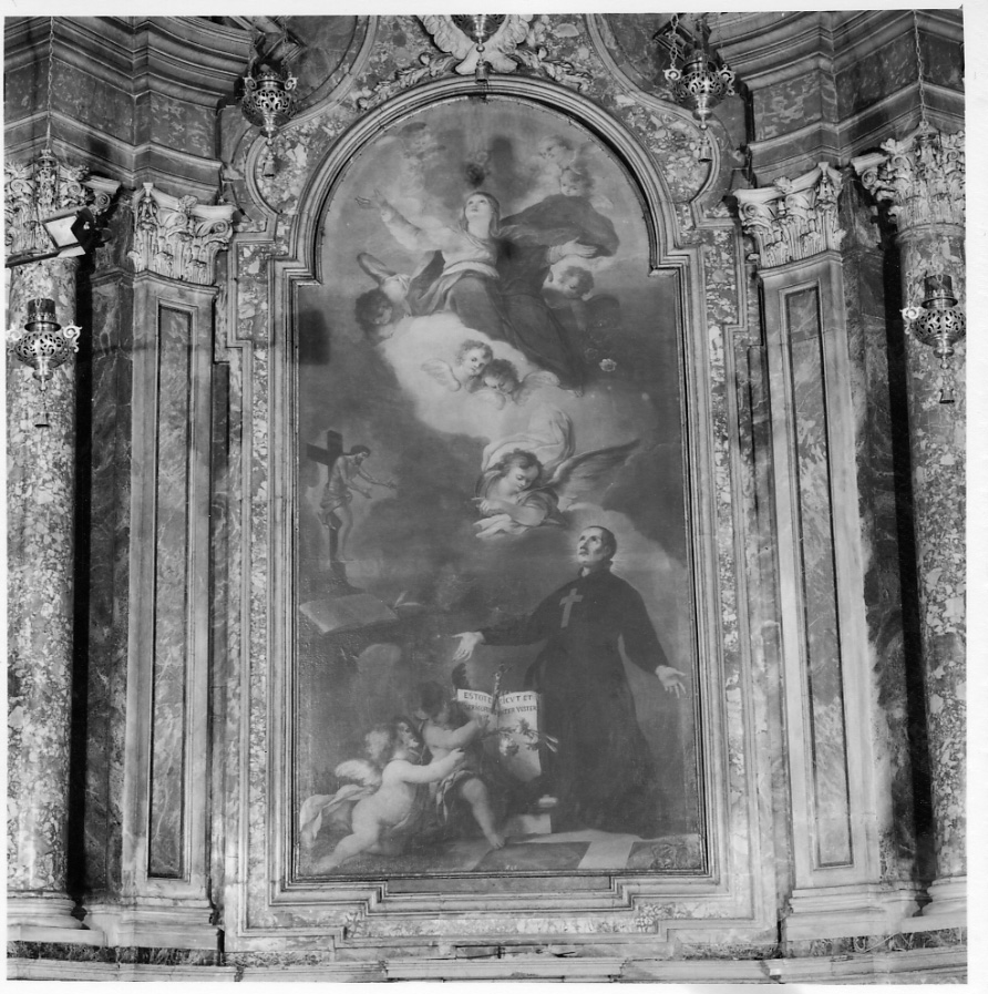 San Camillo de Lellis in adorazione del crocifisso e la Vergine (dipinto, opera isolata) di Milocco Michele Antonio (secondo quarto sec. XVIII)