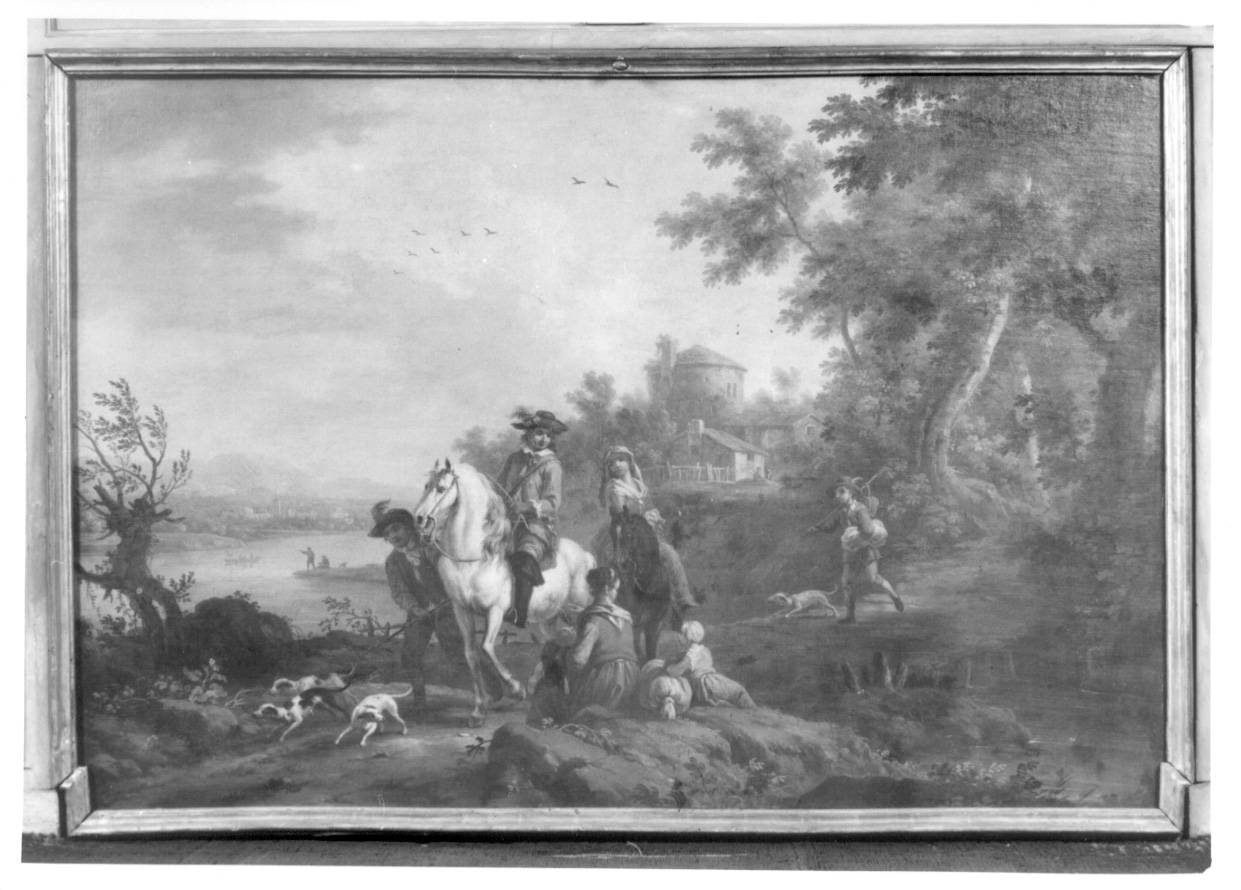 cacciatore a cavallo e contadini (paracamino, opera isolata) di Cignaroli Vittorio Amedeo (seconda metà sec. XVIII)