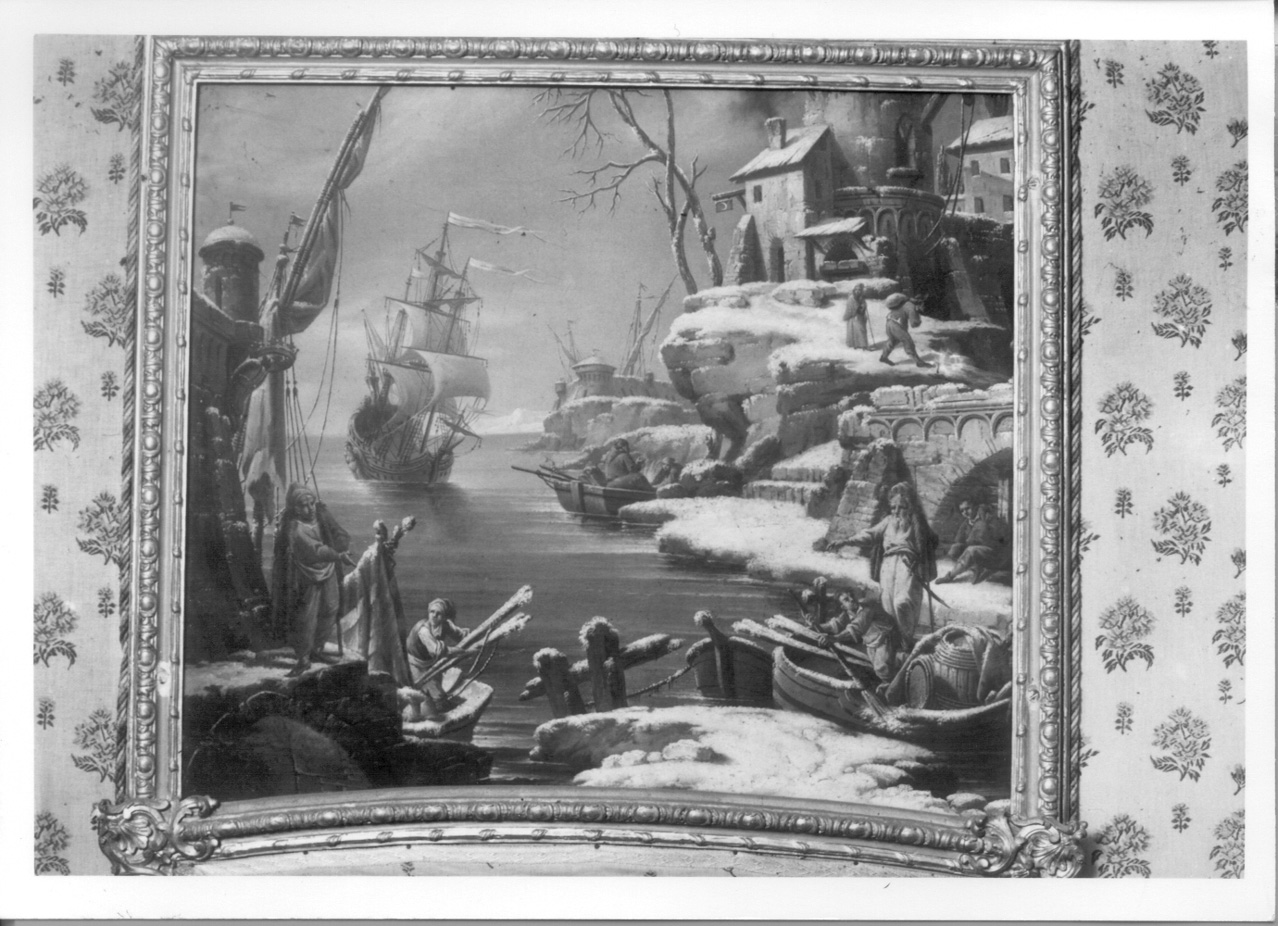 marina con pescatori e barche (sovrapporta) di Antoniani Francesco (maniera) (terzo quarto sec. XVIII)