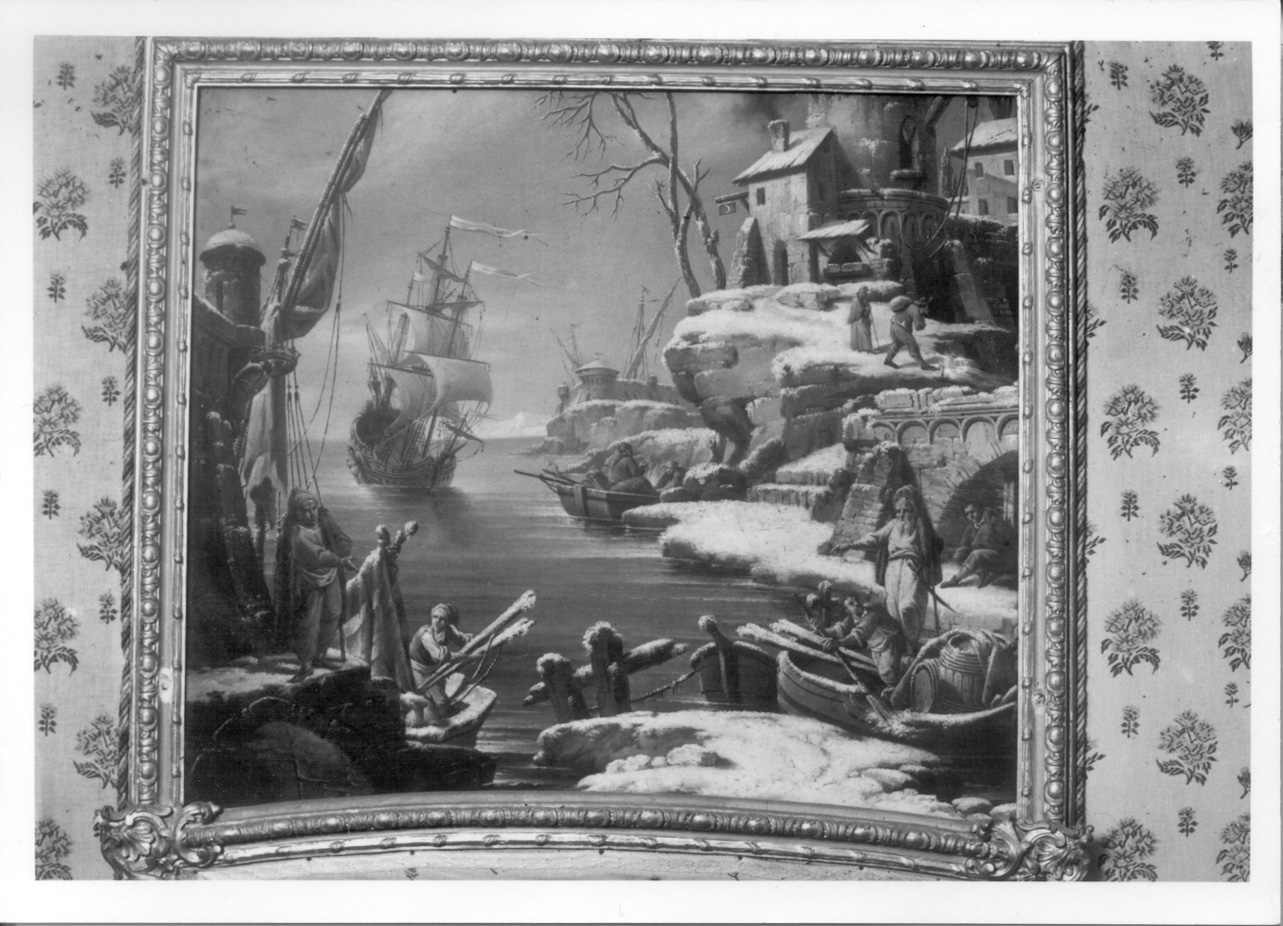 marina con pescatori e barche (sovrapporta) di Antoniani Francesco (maniera) (terzo quarto sec. XVIII)