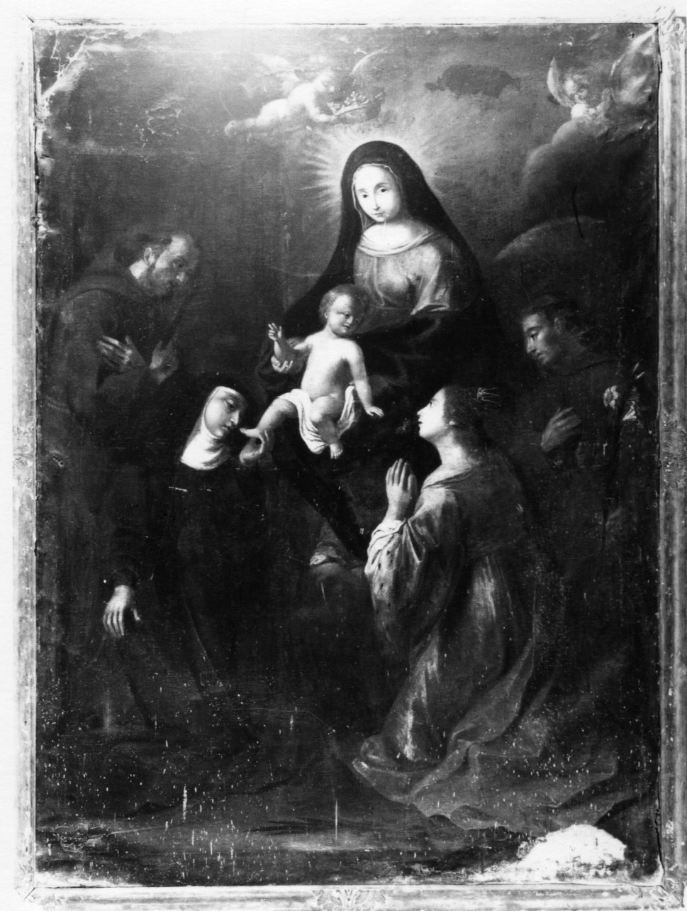 Madonna con Bambino tra Santa Caterina da Siena, Santa Elisabetta d'Ungheria, Sant'Antonio da Padova e San Francesco d'Assisi (dipinto, opera isolata) di Claret Giovanni (attribuito) (sec. XVII)