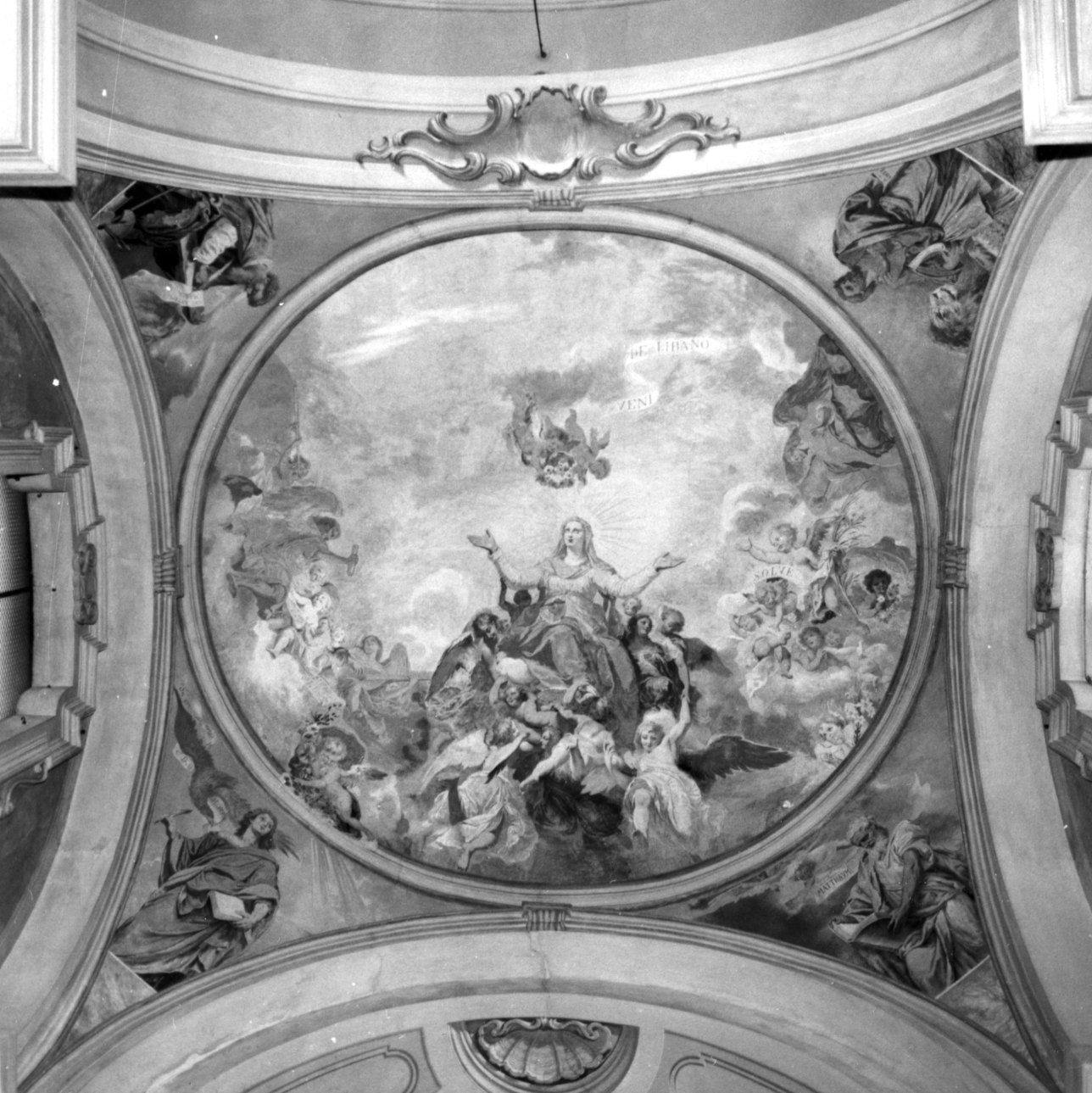 Madonna in gloria (dipinto, complesso decorativo) di Nizza S, Ricci G (secondo quarto sec. XX)