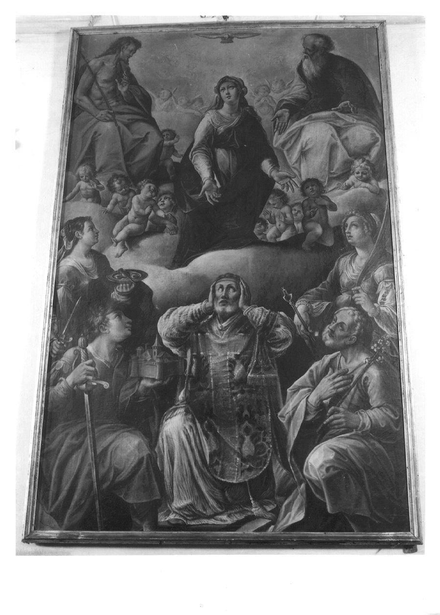 Trinità con la Madonna, Santa Lucia, San Secondo, Sant'Aventino, San Giuseppe e Sant'Apollonia (dipinto, opera isolata) di Pelizza Francesco, Pelizza Bartolomeo (secondo quarto sec. XVII)