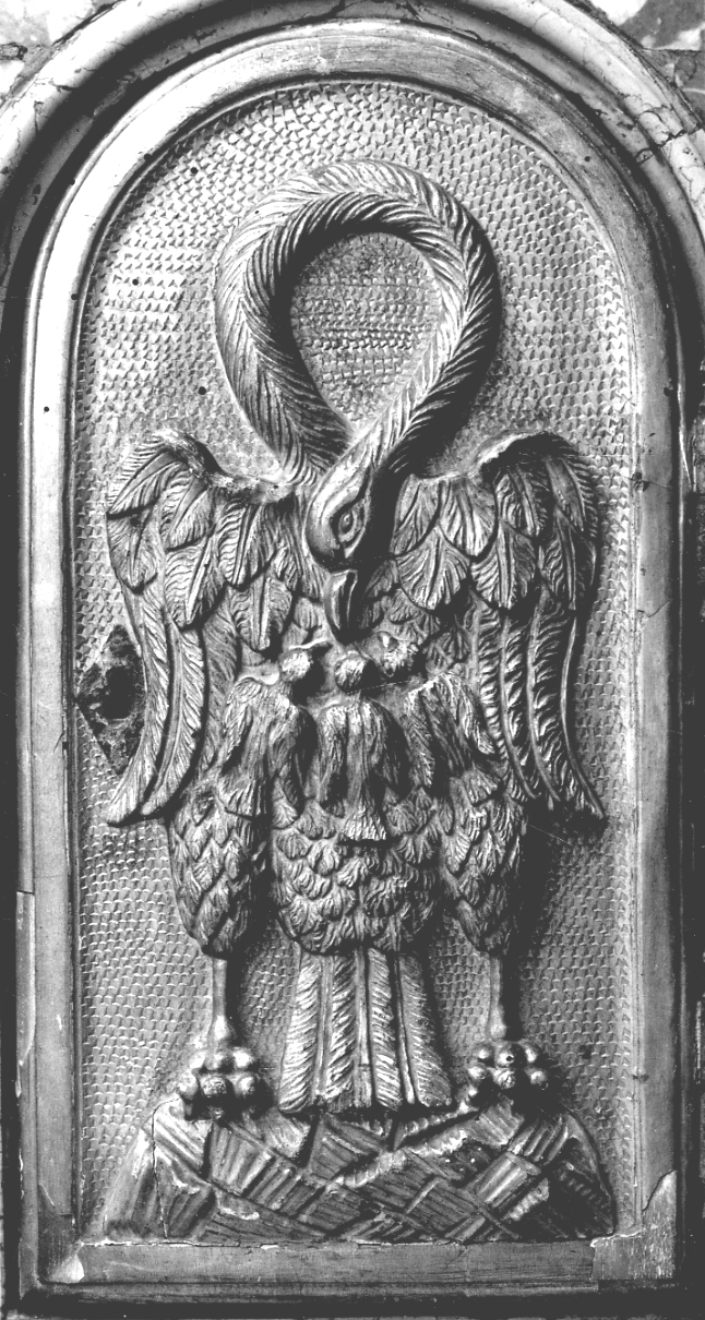 pellicano che imbocca i piccoli nel nido (sportello di tabernacolo, opera isolata) - bottega piemontese (ultimo quarto sec. XVII)