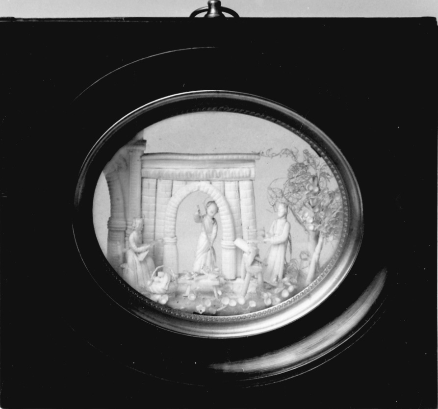 Gesù fanciullo nella bottega di San Giuseppe con la Madonna (miniatura, opera isolata) - manifattura piemontese (primo quarto sec. XIX)