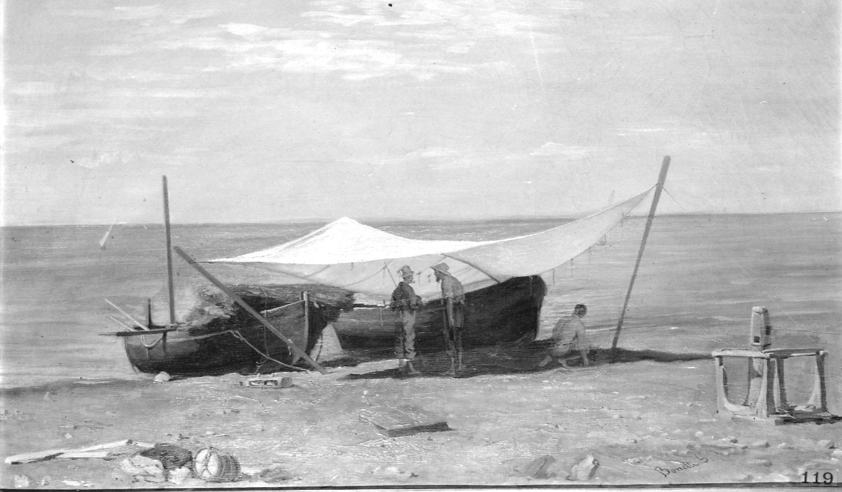 marina con pescatori e barche (dipinto, opera isolata) di Bonetti Giovanni (seconda metà sec. XIX)
