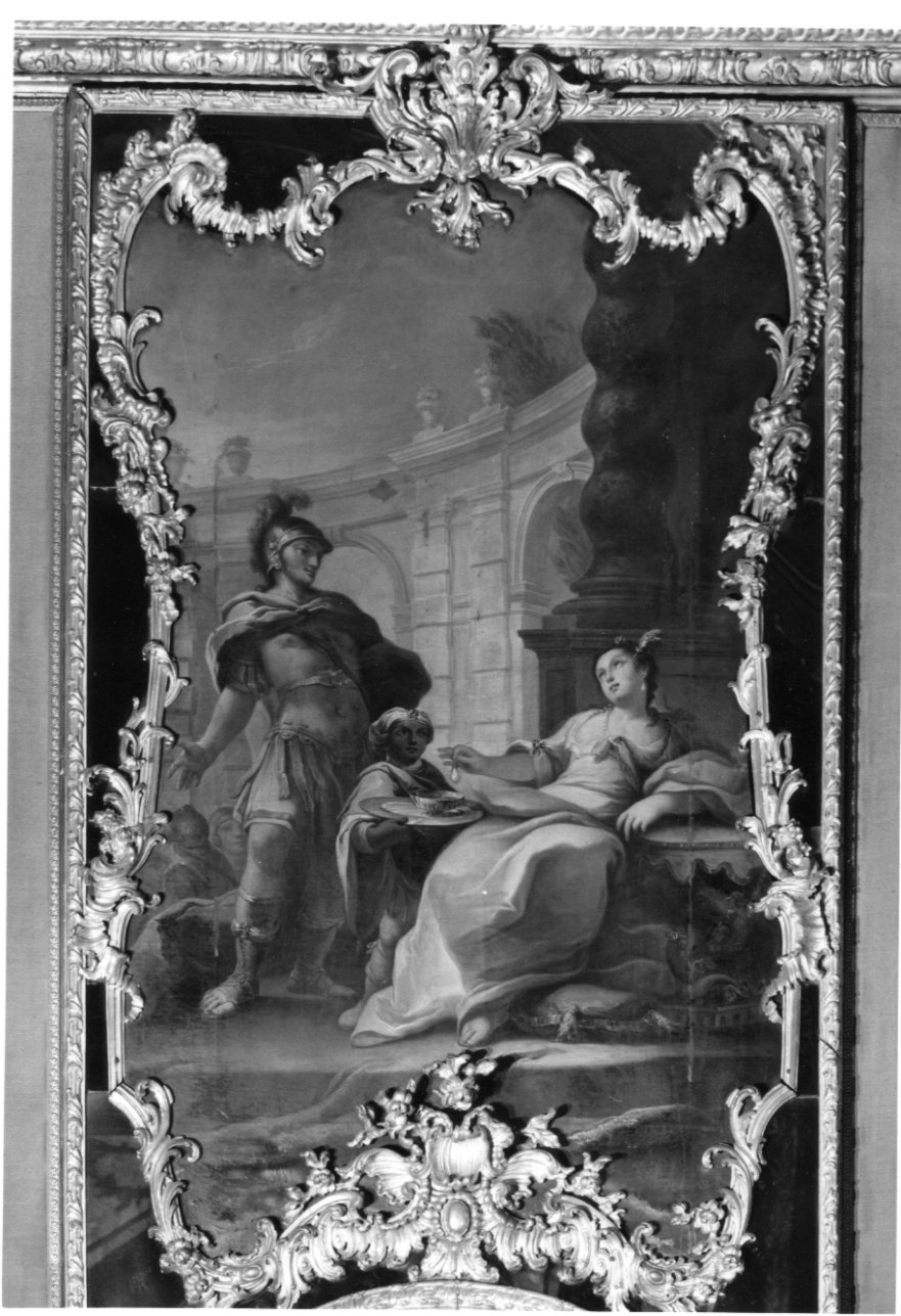 Cleopatra scioglie una perla in una coppa di vino (sovrapporta, opera isolata) di Beaumont Claudio Francesco (scuola) (metà sec. XVIII)