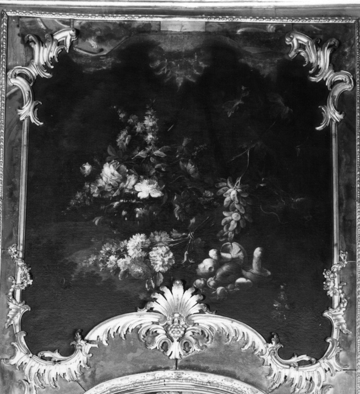 natura morta con fiori e funghi (sovrapporta, opera isolata) di Rapous Michele Antonio Giuseppe (terzo quarto sec. XVIII)