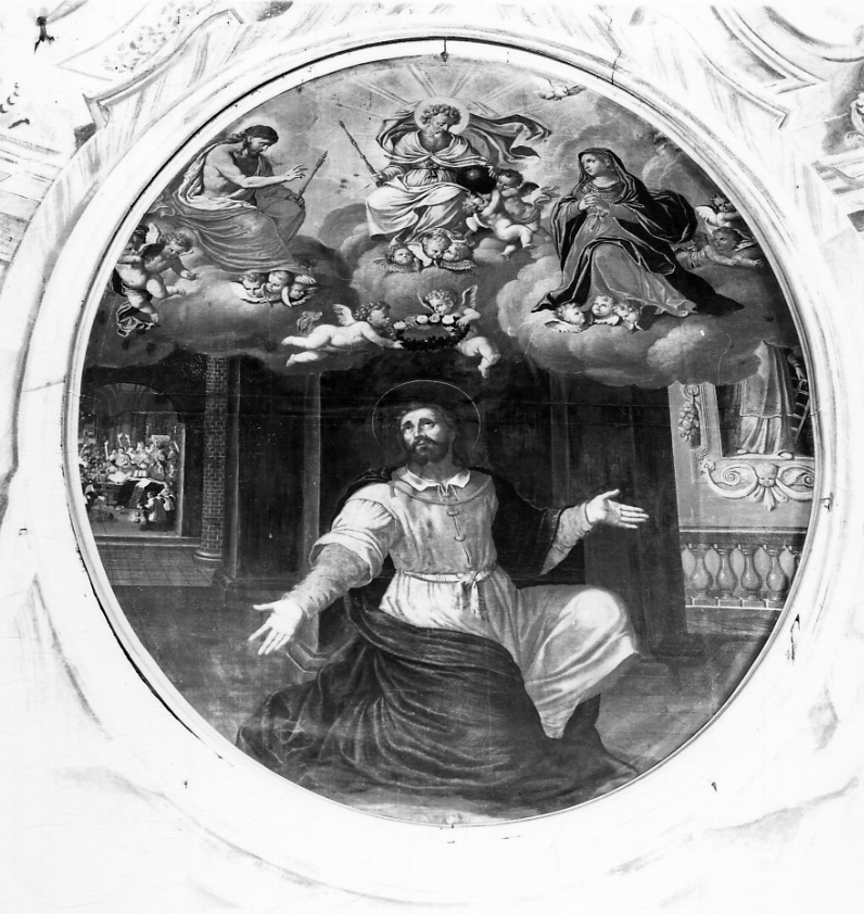 Dio Padre, Cristo e la Madonna in gloria con San Teobaldo (dipinto, opera isolata) di Laveglia Pietro Gaspare (terzo quarto sec. XVII)