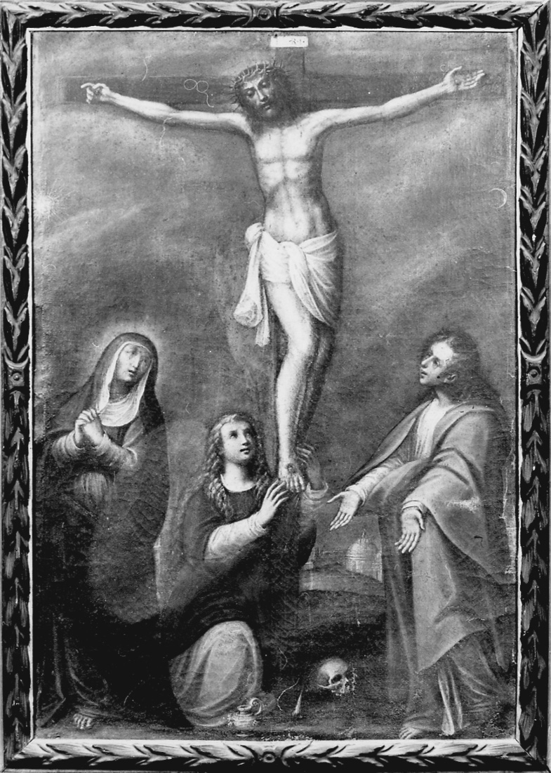 crocifissione di Cristo con la Madonna, San Giovanni Evangelista e Santa Maria Maddalena (dipinto, opera isolata) - ambito astigiano (metà sec. XVII)