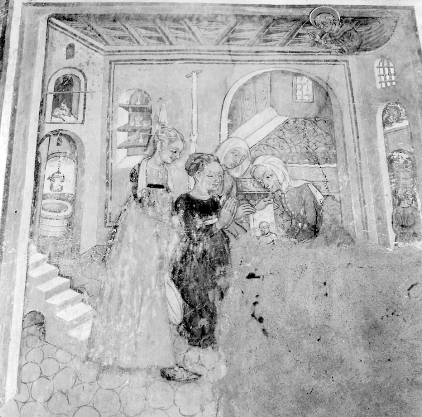 Natività, episodi della vita di San Bernardino da Siena (dipinto, elemento d'insieme) di Maestro di S. Agostino a Saliceto (attribuito) (seconda metà sec. XV)