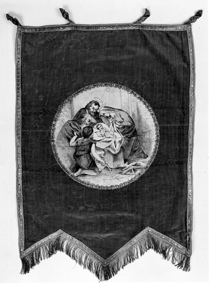 adorazione di Gesù Bambino (stendardo, elemento d'insieme) di Ochsner R - manifattura piemontese (fine/inizio secc. XIX/ XX)