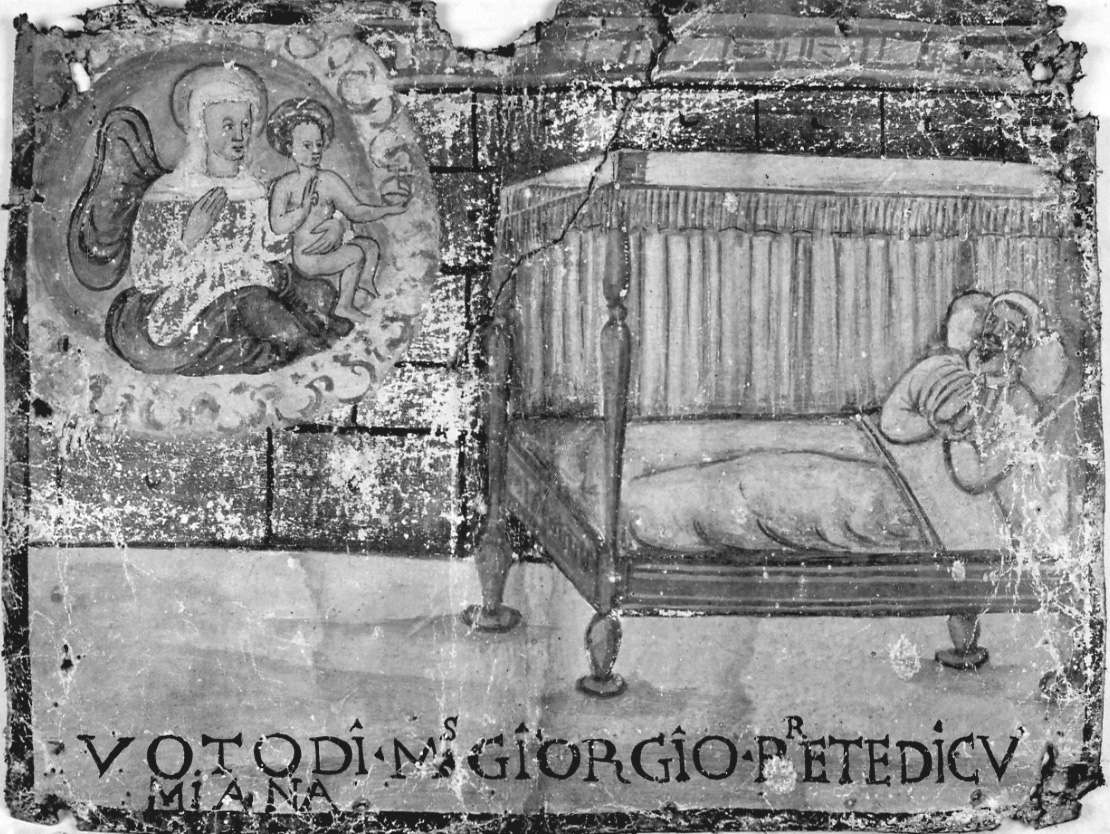 Madonna con Bambino intercede per guarigione (ex voto, opera isolata) - ambito piemontese (sec. XVII)