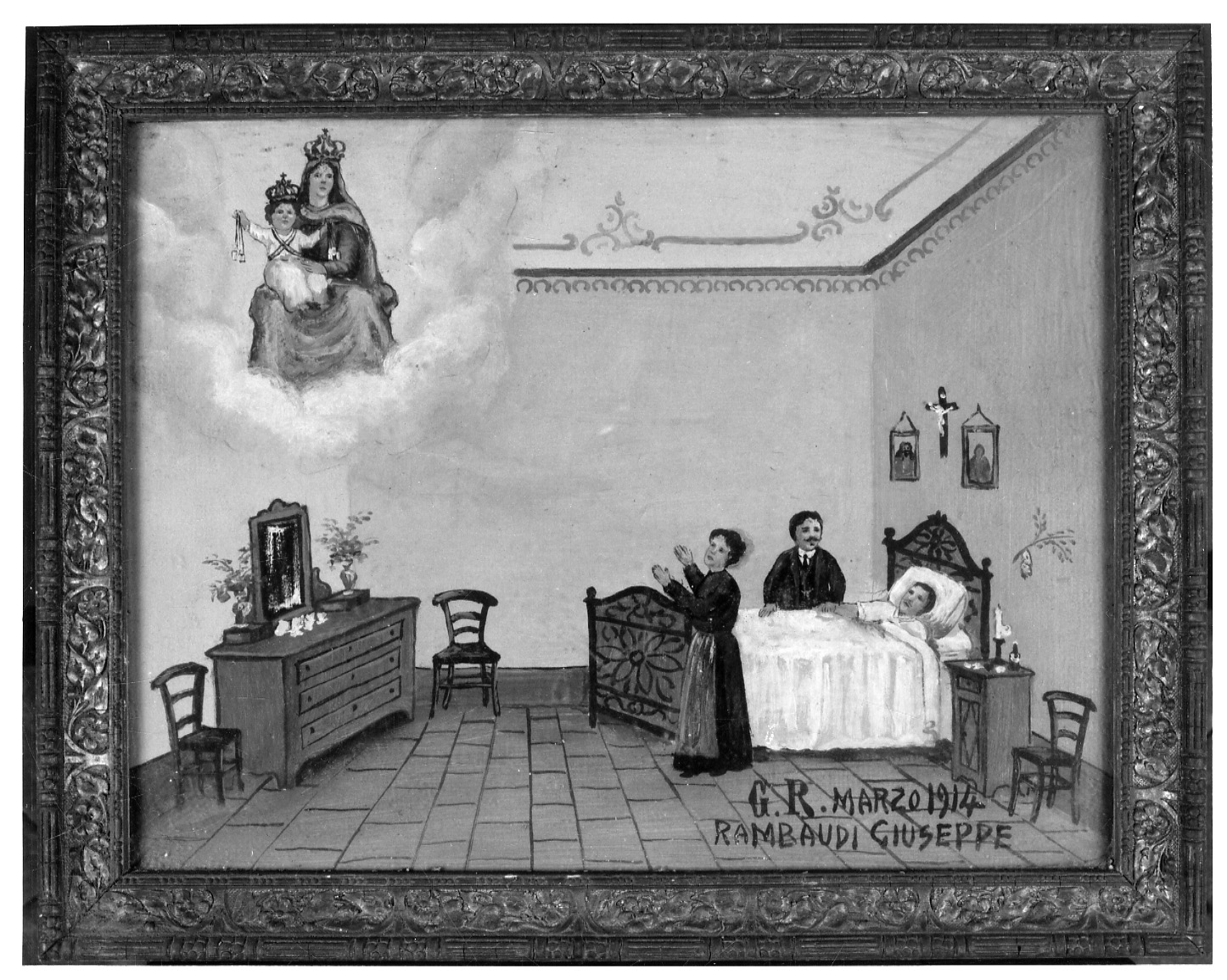 Madonna del Carmelo intercede per guarigione (ex voto, opera isolata) - ambito piemontese (primo quarto sec. XX)