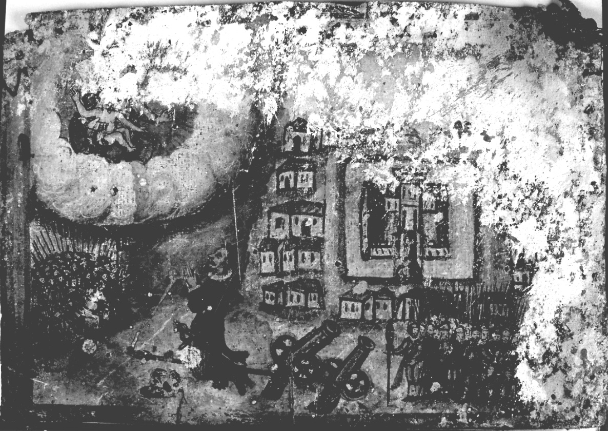 Madonna con Bambino interviene in un combattimento (ex voto, opera isolata) - ambito piemontese (seconda metà sec. XVII)