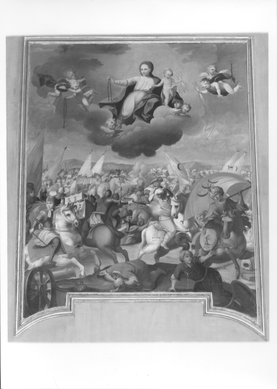 sconfitta degli albigesi per intervento della Madonna del Rosario (dipinto, complesso decorativo) - ambito piemontese (primo quarto sec. XIX)