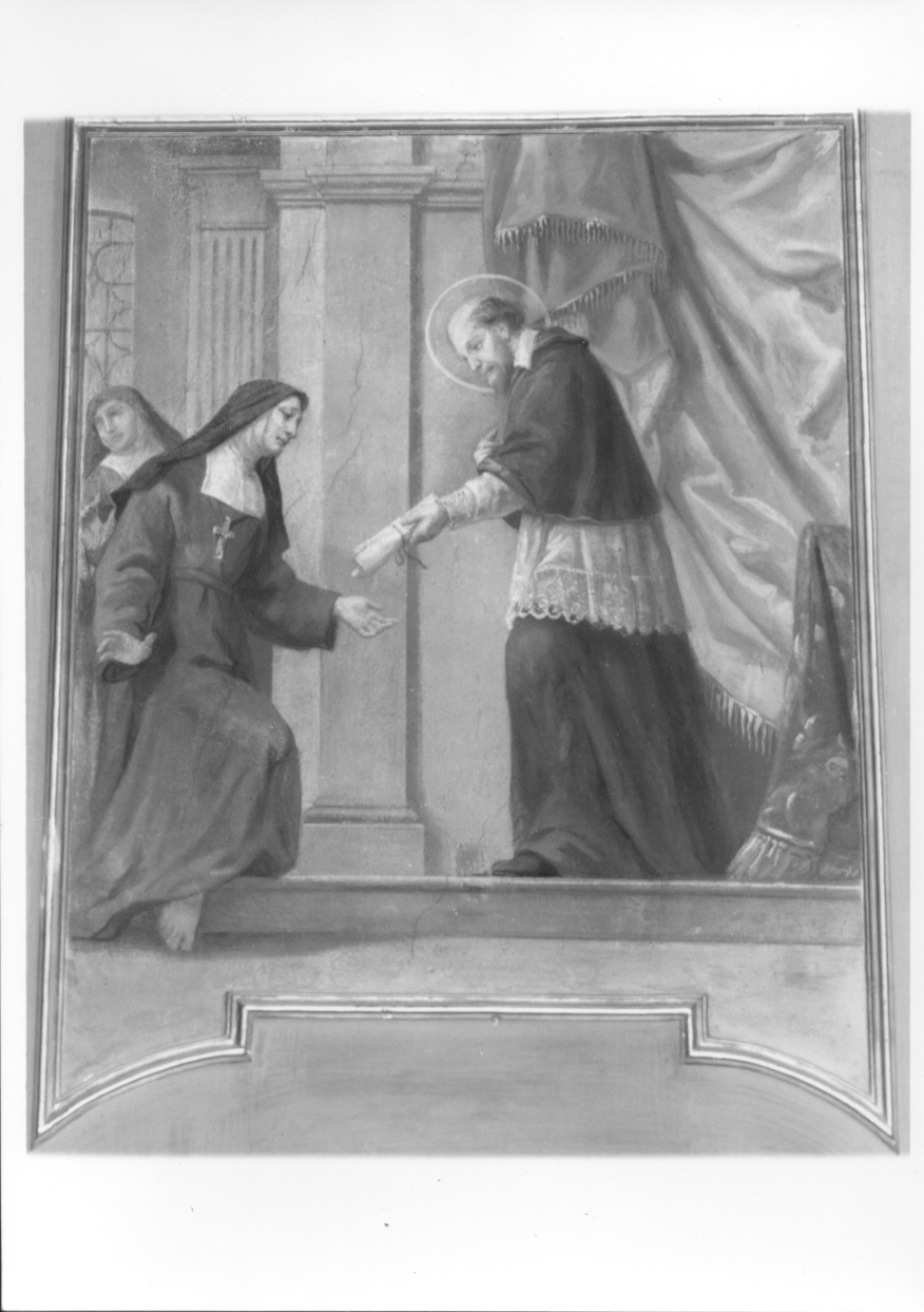San Francesco di Sales consegna a Giovanna Francesca Chantal la regola visitandina (dipinto, opera isolata) di Emina Vincenzo, Morgari Luigi (primo quarto, primo quarto sec. XIX, sec. XX)
