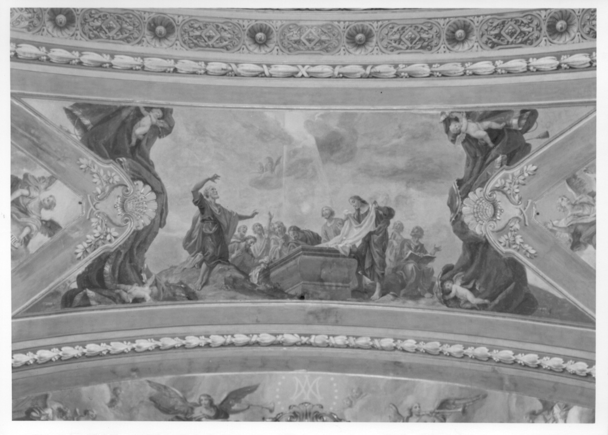 APOSTOLI INTORNO AL SEPOLCRO VUOTO E COLMO DI FIORI DELLA MADONNA (dipinto, opera isolata) di Morgari Luigi (primo quarto sec. XX)