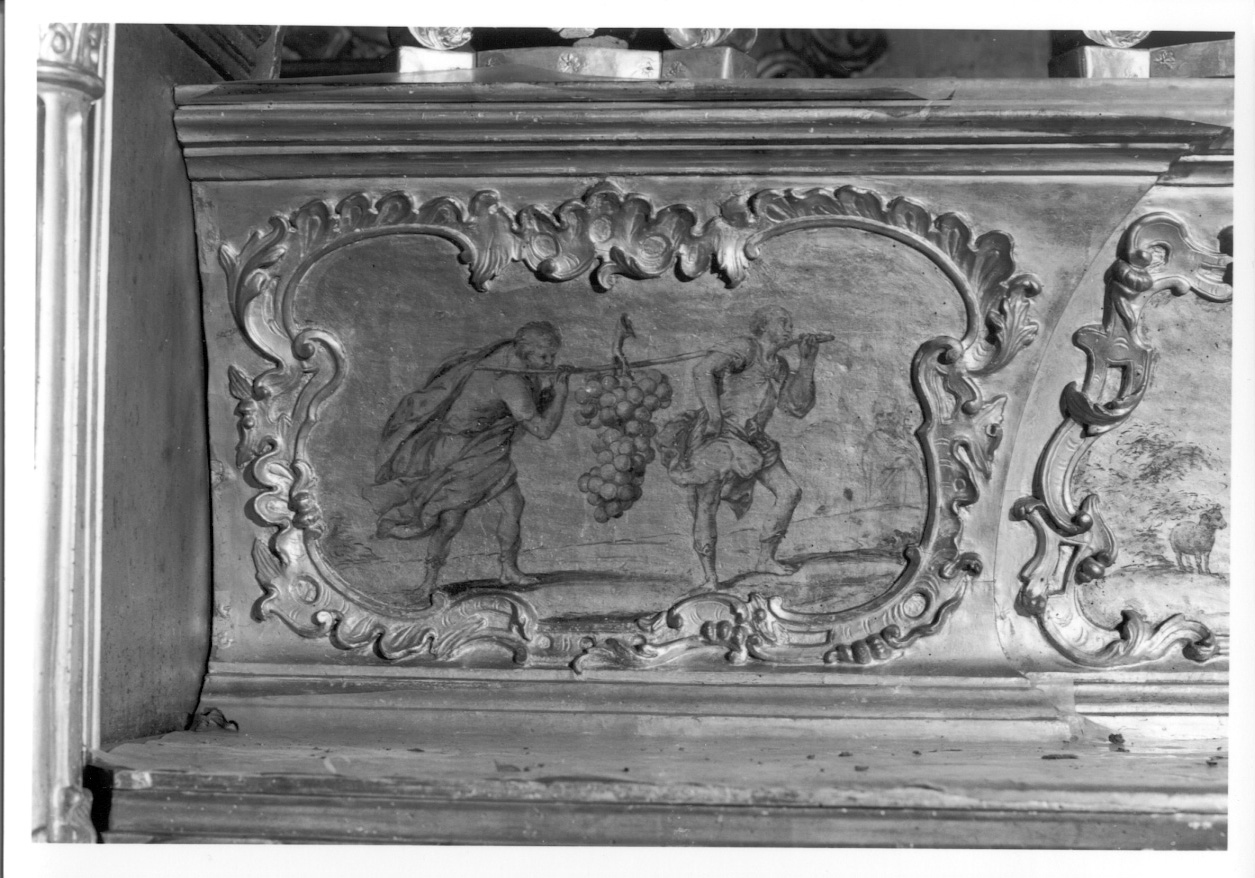 ritorno di Giosuè e Calab da Canaan (formella, elemento d'insieme) di Orgiazzi Antonio il Vecchio (attribuito) (metà sec. XVIII)