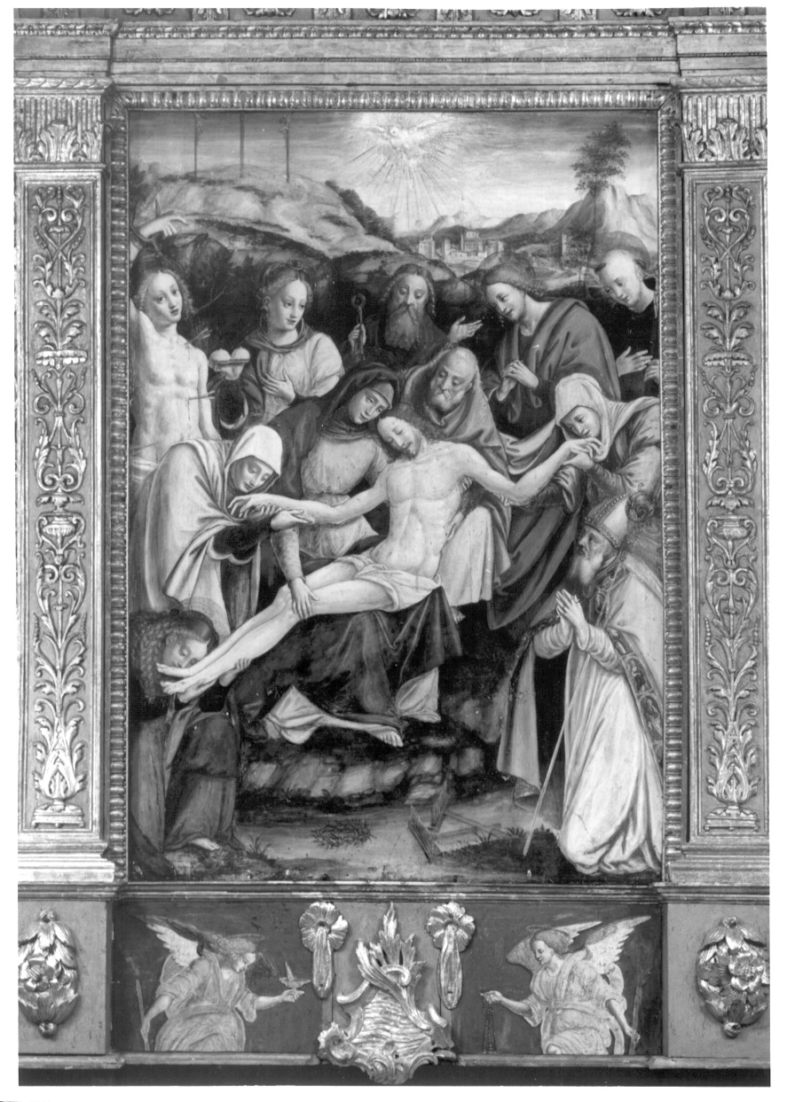 compianto sul Cristo morto con San Biagio, San Nicola da Tolentino, Sant'Agata, San Sebastiano e Sant'Eligio (dipinto, opera isolata) di Oldoni Boniforte (ultimo quarto sec. XVI)