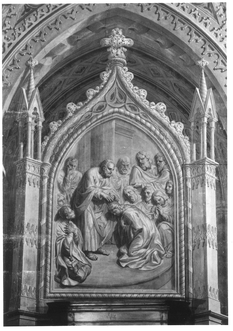 San Pietro ordina diaconi Santo Stefano e i suoi sei compagni (decorazione pittorica, elemento d'insieme) di Sevesi Fabrizio, Fea Pietro, Zerbino Matteo, Zelmini Vittore (secondo quarto sec. XIX)