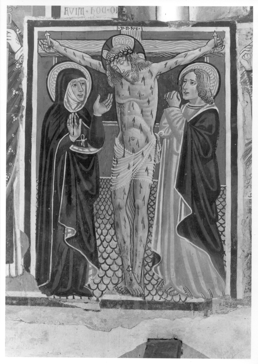 crocifissione di Cristo con la Madonna e San Giovanni Evangelista (dipinto, opera isolata) di Cagnola Tommaso (bottega) (fine sec. XV)