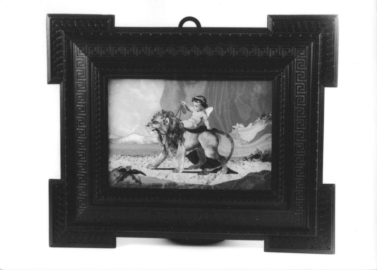 Cupido cavalca un leone (decorazione musiva, opera isolata) - manifattura fiorentina (seconda metà sec. XIX)