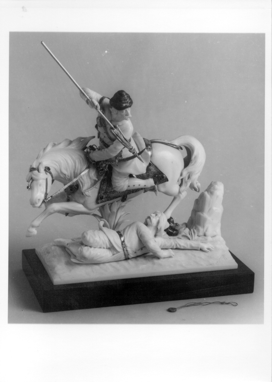 GUERRIERO TARTARO A CAVALLO CHE TRAFIGGE CON LA LANCIA UN SOLDATO CADUTO, scena di battaglia (gruppo scultoreo, opera isolata) - ambito berlinese (prima metà sec. XIX)