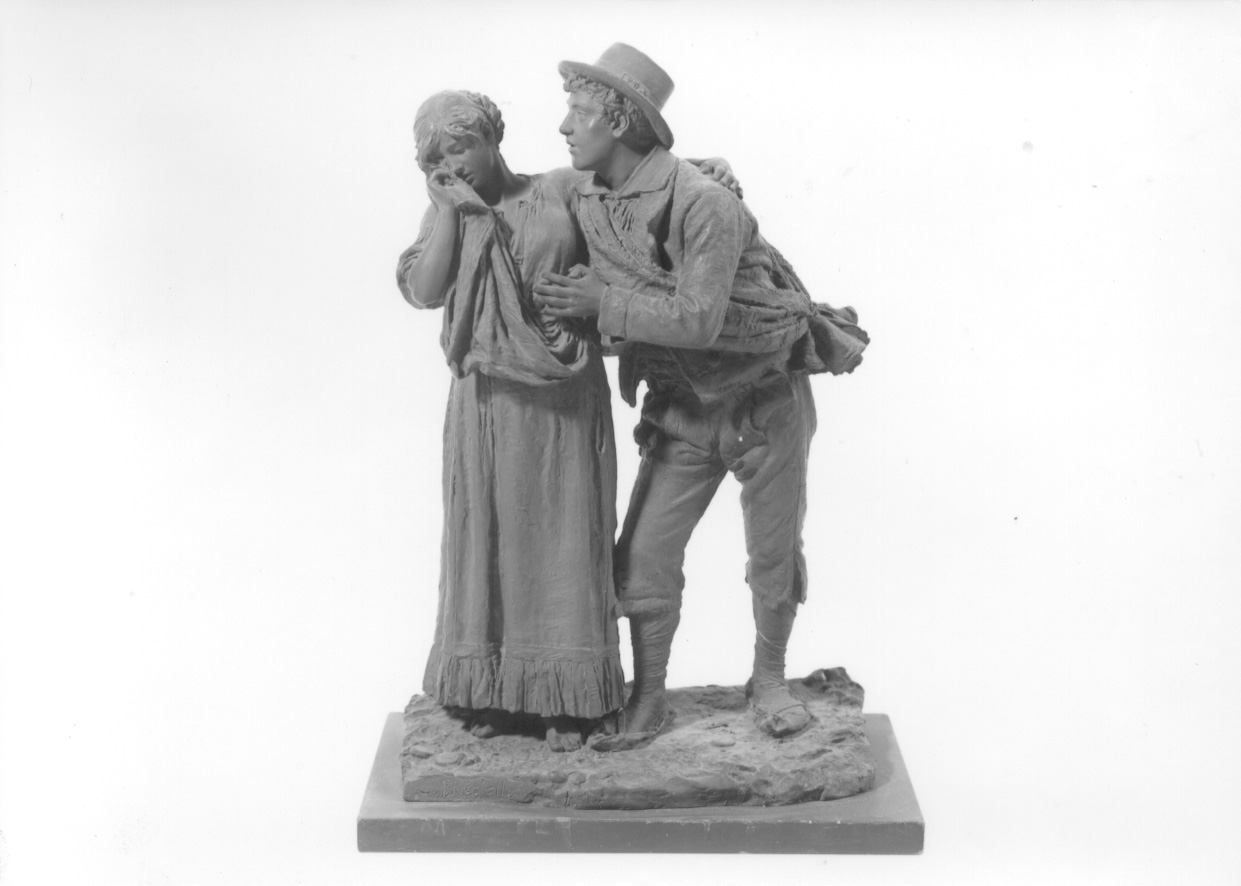 LA PARTENZA DEL COSCRITTO, figura femminile piangente consolata da un giovane (gruppo scultoreo, opera isolata) di Barbella Costantino (seconda metà sec. XIX)