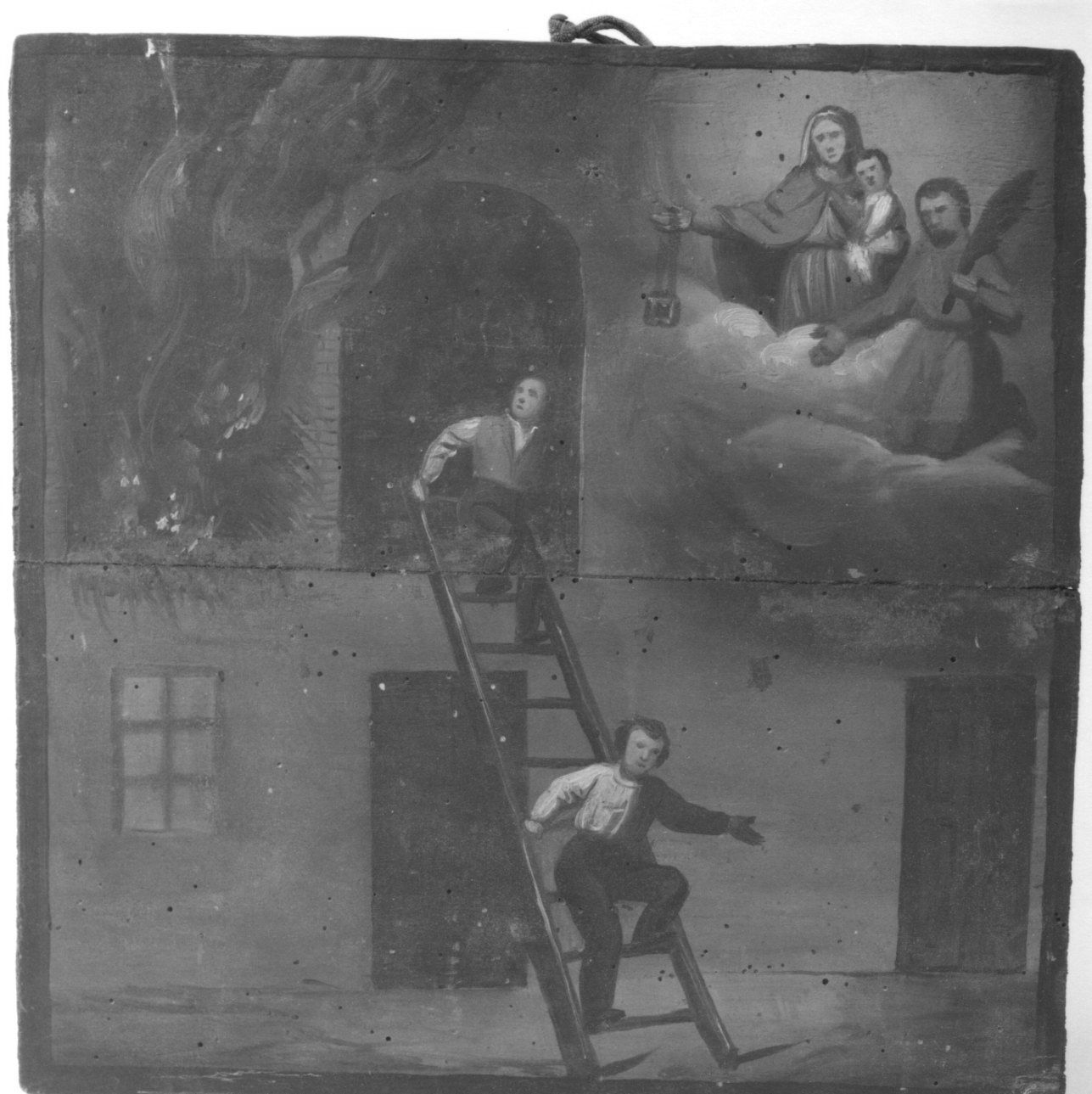 Madonna del Carmelo e Santo martire intercedono in un incendio (ex voto, opera isolata) - ambito piemontese (metà sec. XIX)