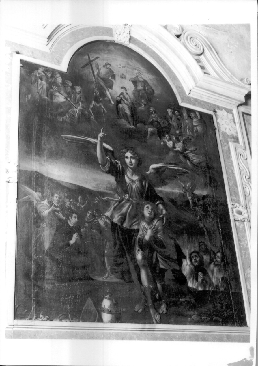 San Raffaele Arcangelo intercede per devoti e le anime del purgatorio presso la Trinità e Maria Vergine incoronata (dipinto, opera isolata) - ambito ligure (ultimo quarto sec. XVII)