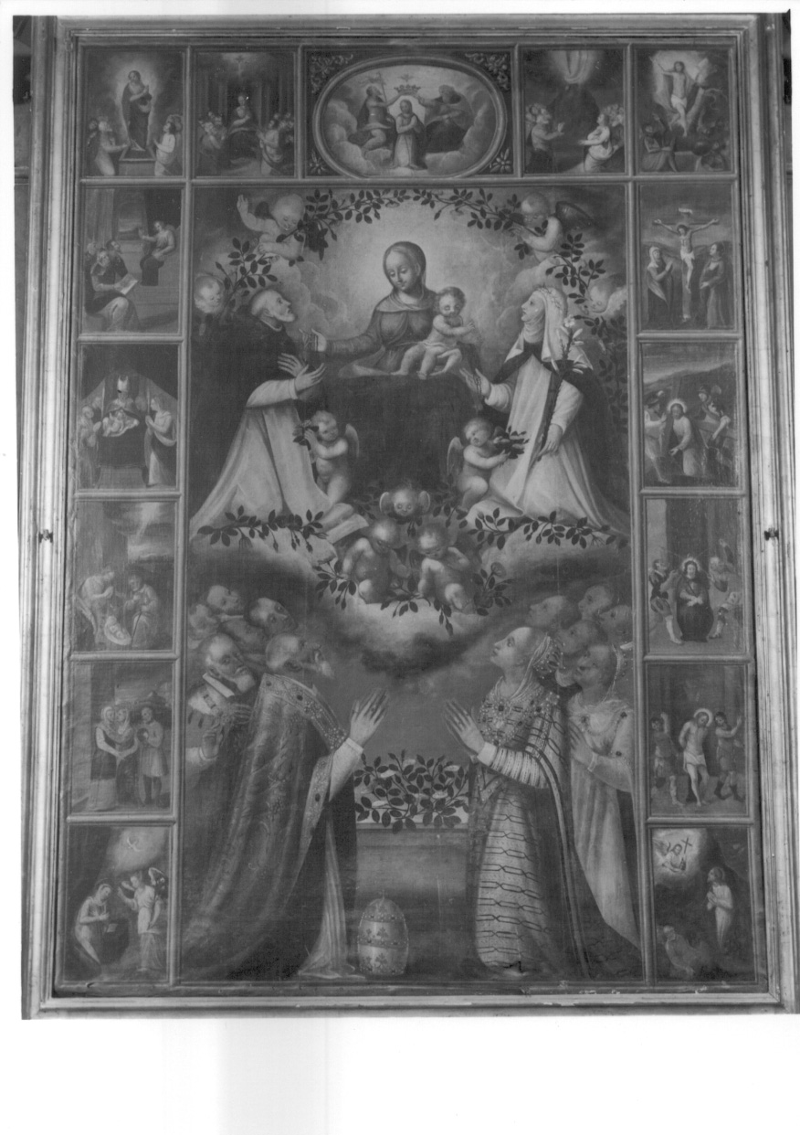 Madonna del Rosario con San Domenico e Santa Caterina, santi, devoti e misteri del rosario (dipinto, opera isolata) di Caccia Guglielmo detto Moncalvo (bottega) (primo quarto sec. XVII)