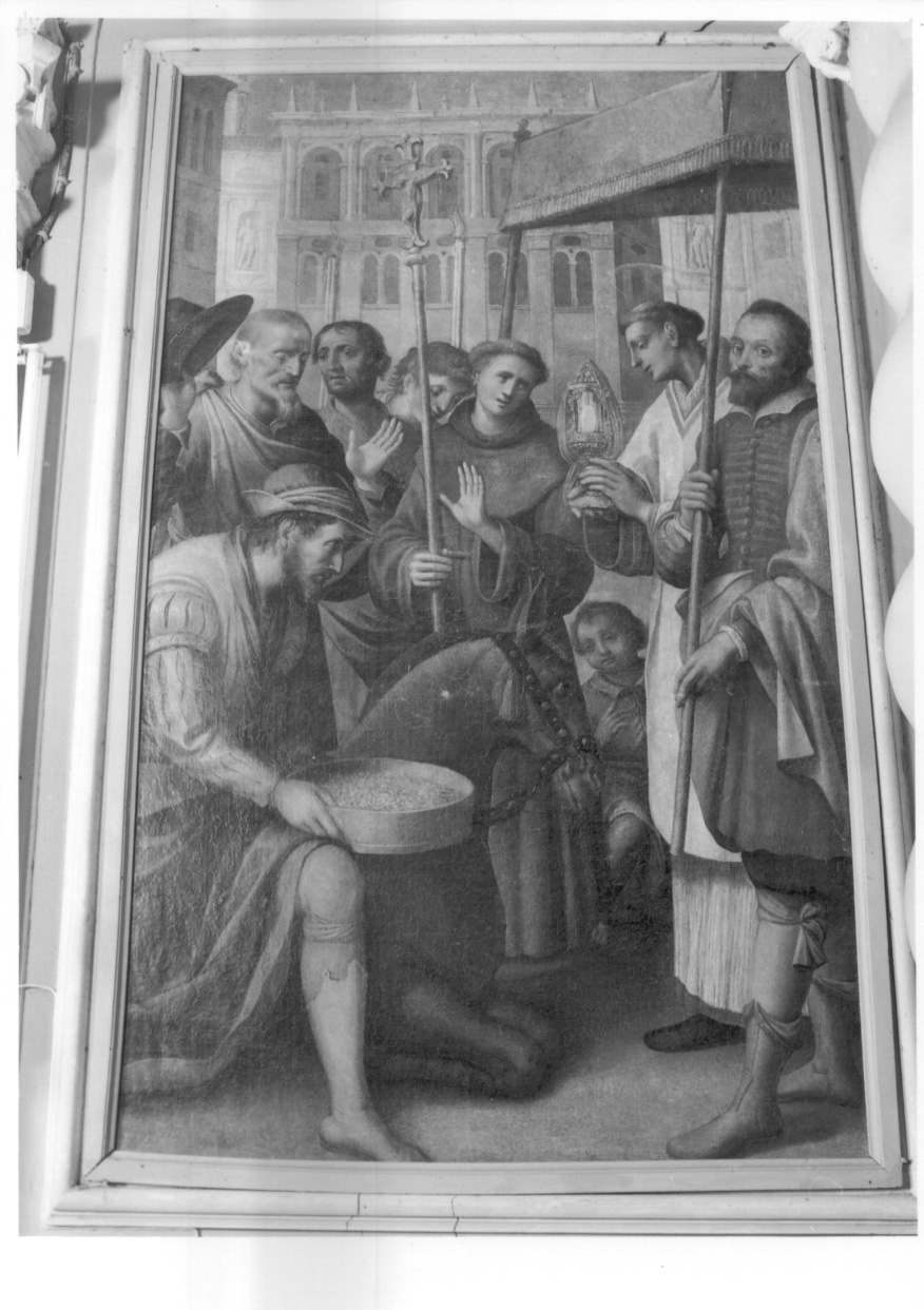 Sant'Antonio da Padova e il miracolo dell'asino (dipinto, elemento d'insieme) di Caccia Guglielmo detto Moncalvo (cerchia) (metà sec. XVII)
