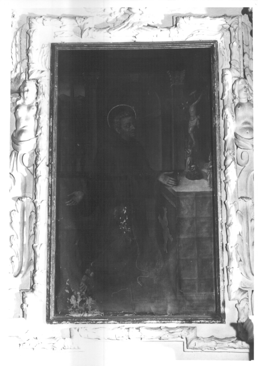 Santo in preghiera davanti al crocifisso (dipinto, opera isolata) di Morus Aug (metà sec. XVI)