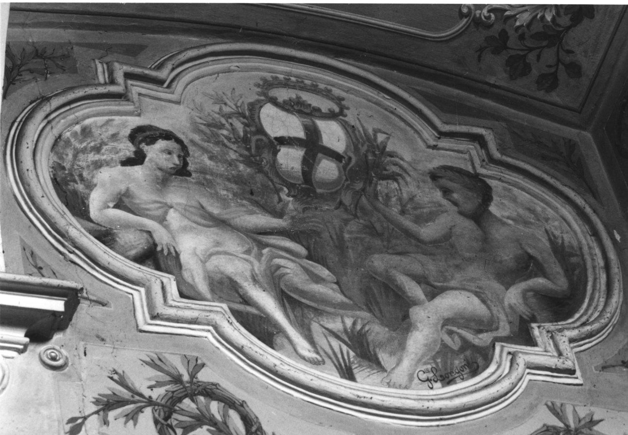 STEMMA CON FIGURA MASCHILE E FIGURA FEMMINILE (dipinto) - ambito piemontese (fine/inizio secc. XIX/ XX)