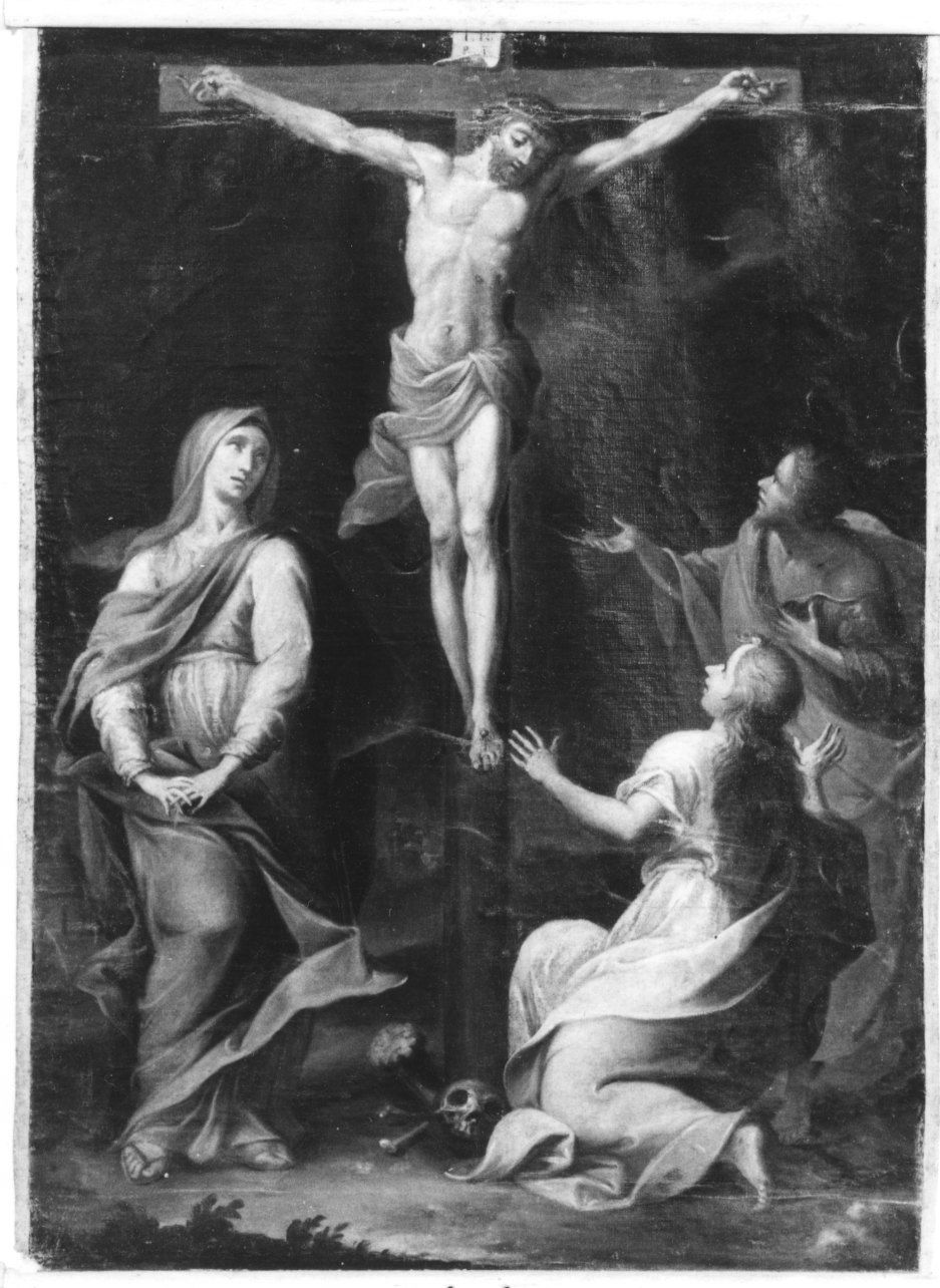 CROCIFISSIONE DI CRISTO CON LA MADONNA, SANTA MARIA MADDALENA E SAN GIOVANNI EVANGELISTA (stendardo processionale, opera isolata) - ambito piemontese (prima metà sec. XVIII)