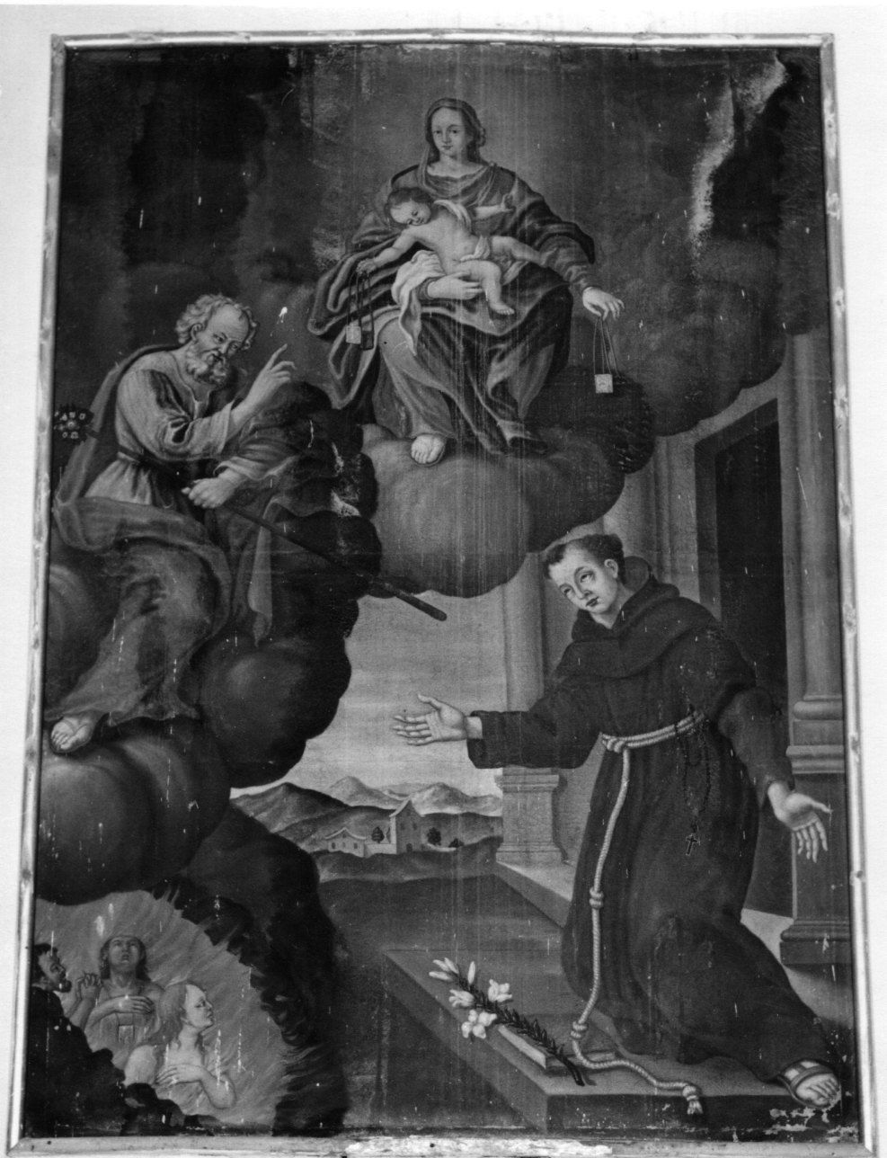 MADONNA CON BAMBINO CONSEGNA GLI SCAPOLARI A SAN ANTONIO DA PADOVA (dipinto, opera isolata) - ambito piemontese (prima metà sec. XIX)