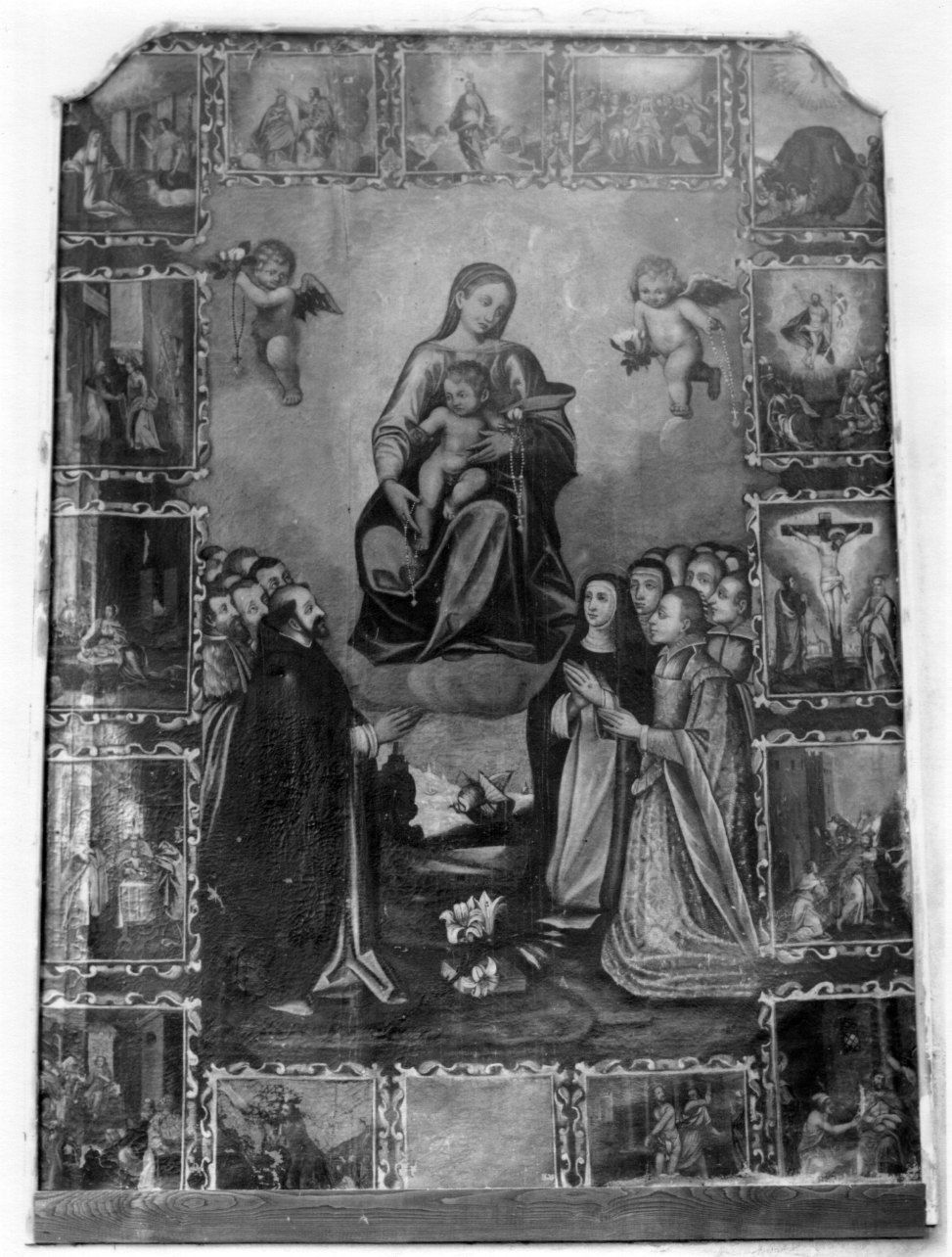 MADONNA DEL ROSARIO CON SAN DOMENICO SANTA CATERINA DA SIENA E DEVOTI (dipinto, opera isolata) - ambito piemontese (secc. XVI/ XVII)