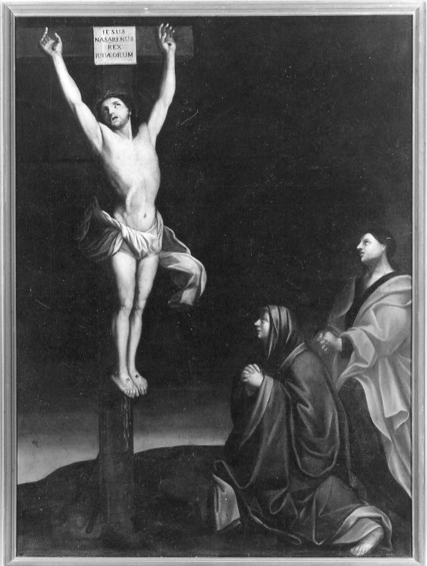 CRISTO CROCIFISSO CON LA MADONNA E SAN GIOVANNI EVANGELISTA (dipinto, opera isolata) - ambito ligure-piemontese (seconda metà sec. XVII)