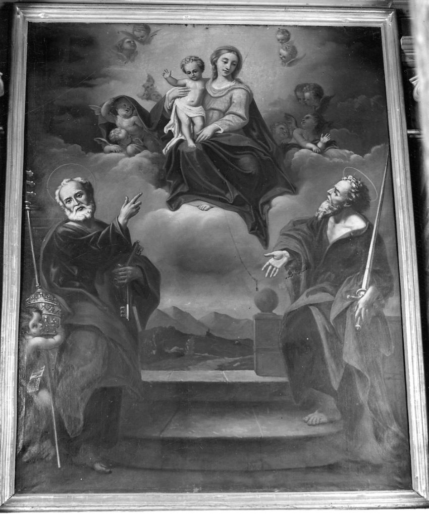 MADONNA CON BAMBINO E SANTI PIETRO E PAOLO (dipinto, opera isolata) - ambito piemontese (prima metà sec. XVIII)