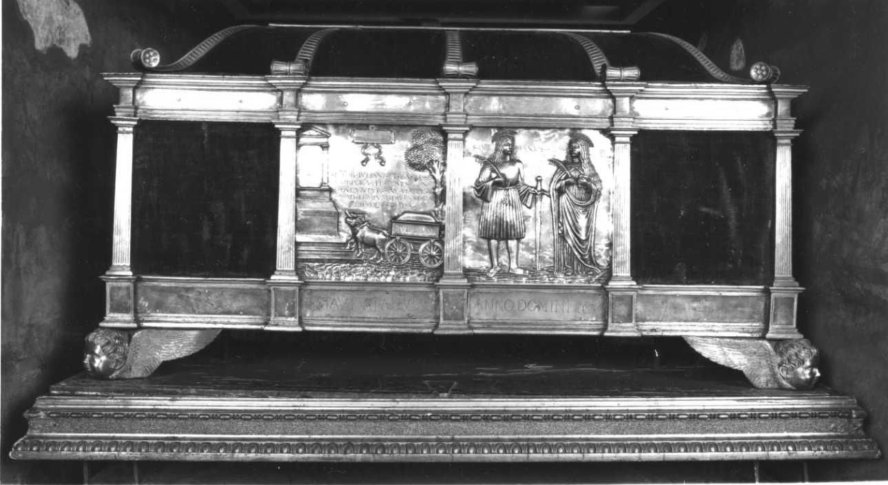 Inventio sanctorvm Iuliani et Basilissae, TRASPORTO DEI CORPI DI SAN GIULIANO E SANTA BASILISSA IN SANTA MARIA DELLA SCALA (pannello) - ambito piemontese (primo quarto sec. XVI)