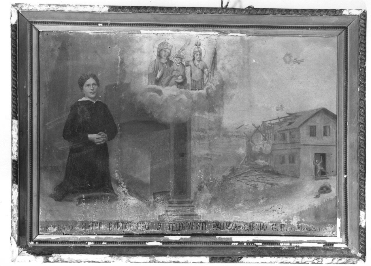 DONNA CHE PREGA LA MADONNA DELLA CONSOLATA E SAN MAURIZIO PER UNA SCIAGURA BELLICA (ex voto, opera isolata) di Gaidano Paolo (primo quarto sec. XX)