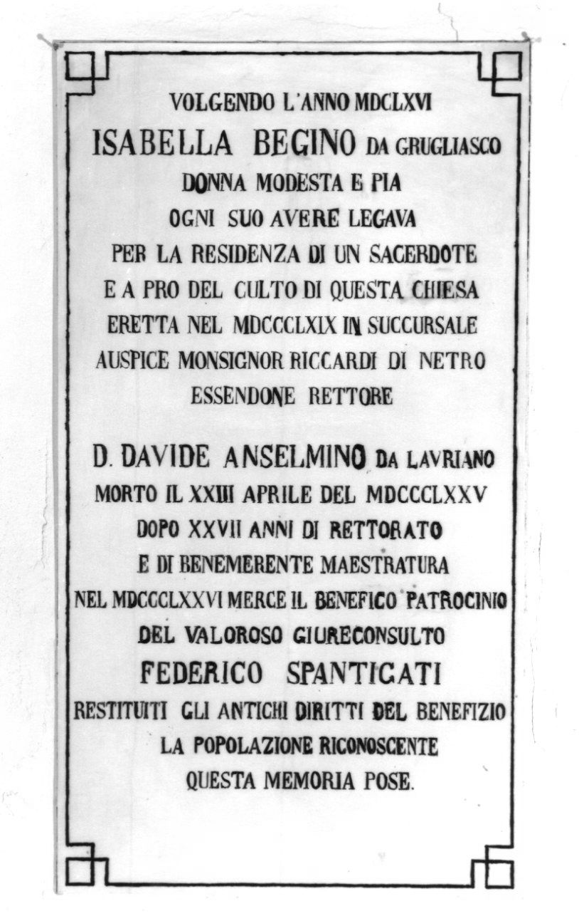 lapide commemorativa, opera isolata - ambito piemontese (ultimo quarto sec. XIX)